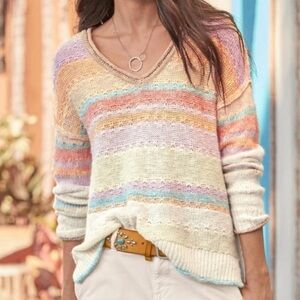 Sundance Striped V-Neck Lightweight Sweater, Pastel Rainbow Knit - Womens S or M